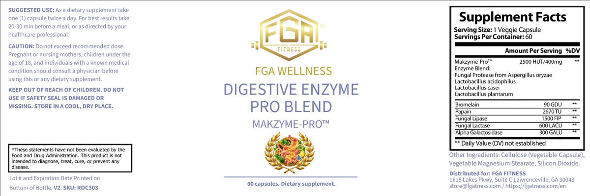 FGA Fitness Digestive Enzymes with Probiotics, Protease, Lipase, Lactase, Bromelain, 60 Veggie Capsules | Enzimas Digestivas