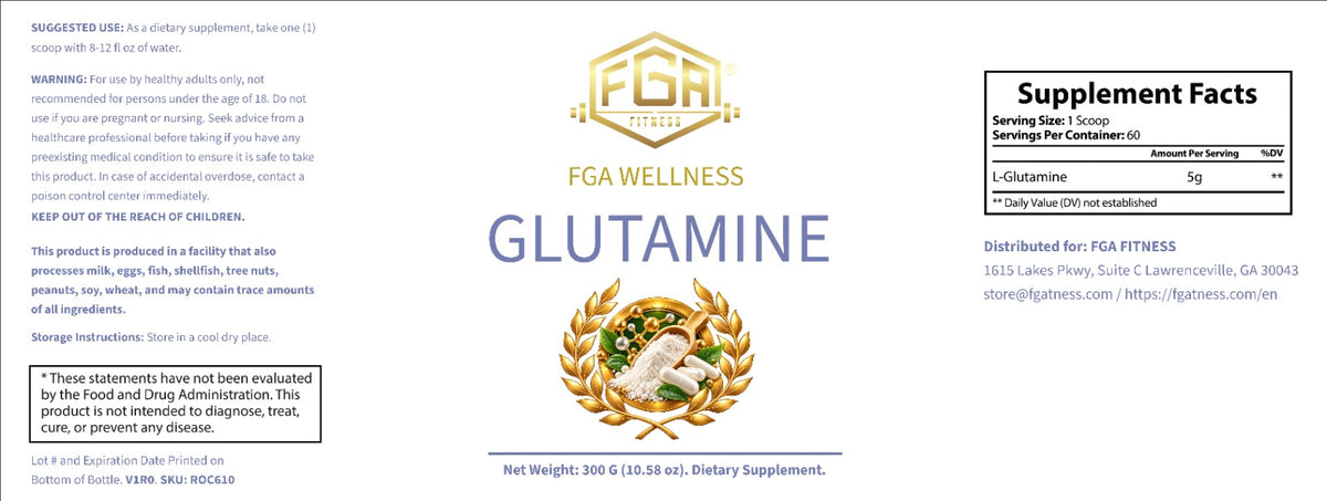 FGA Fitness L-Glutamine Powder, 5 g per Serving, Unflavored, 300 g, 60 Servings | Glutamina en Polvo