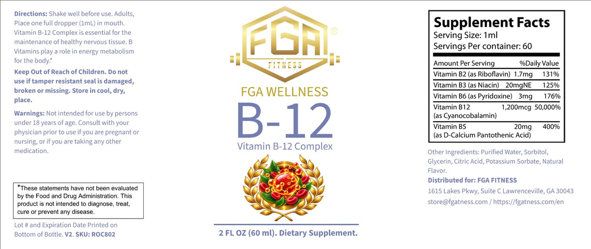 FGA Fitness B12 Drops 1200 mcg with B-Complex, Liquid Vitamin B12, Unflavored, 2 fl oz, 60 Servings | Gotas de Vitamina B12