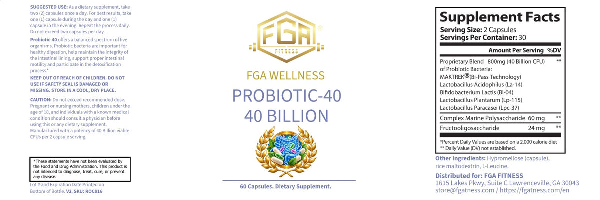 FGA Fitness Probiotic 40 Billion CFU, 4 Named Strains with Prebiotic FOS, 60 Capsules, 30 Servings | Probiótico