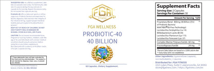 FGA Fitness Probiotic 40 Billion CFU, 4 Named Strains with Prebiotic FOS, 60 Capsules, 30 Servings | Probiótico